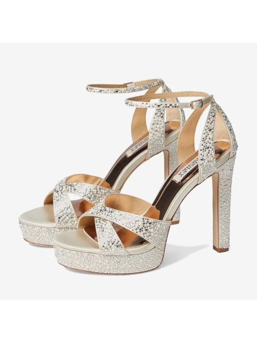 Badgley Mischka Fizzy Rhinestone Embellished Ivory Satin Platform Sandals NWT